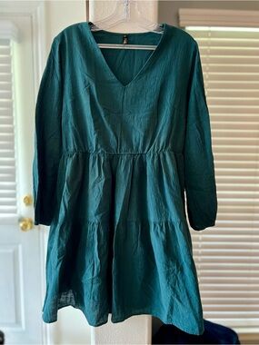 FANCYINN Emerald Teal Textured Tiered V-neck Babydoll Dress lined w pockets L